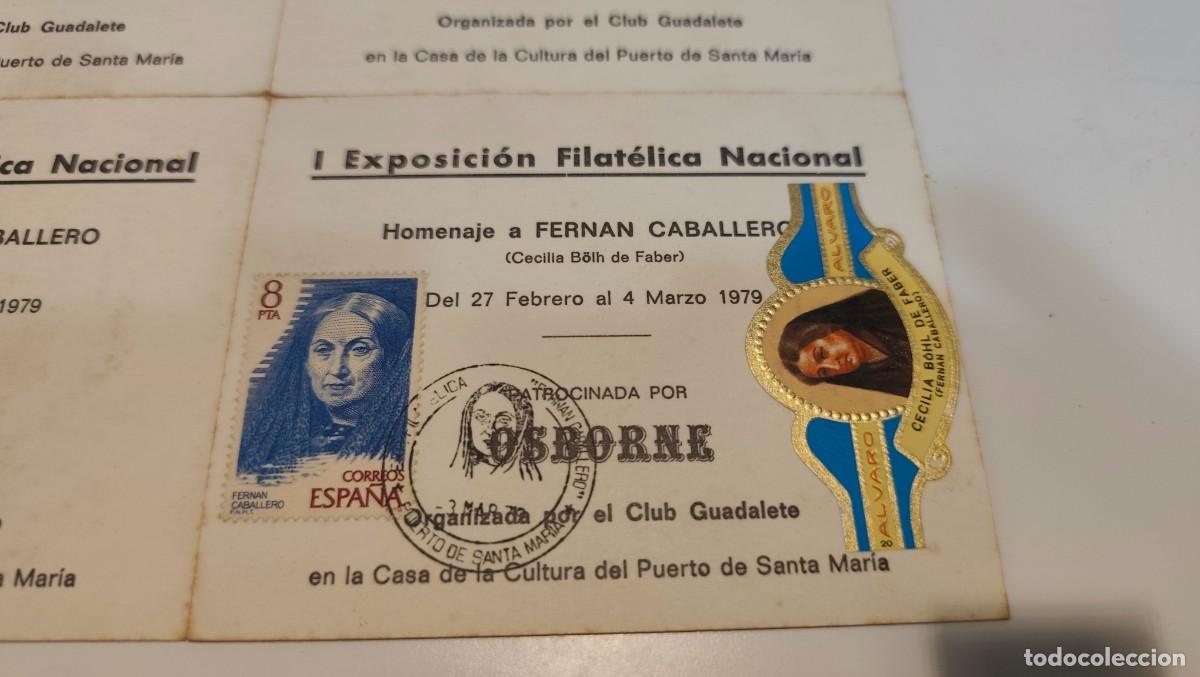 Sellos: I EXPOSICION FILATELICA HOMENAJE A FERNAN CABALLERO - SOBRE TARJETA TAUROMAQUIA OSBORNE + 3 TARJETAS