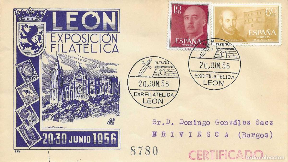 Sellos: GUZMAN EL BUENO V EXPOSICION FILATELICA LEON 1956. MATASELLOS EN SOBRE CIRCULADO DP MUY RARO ASI RWR