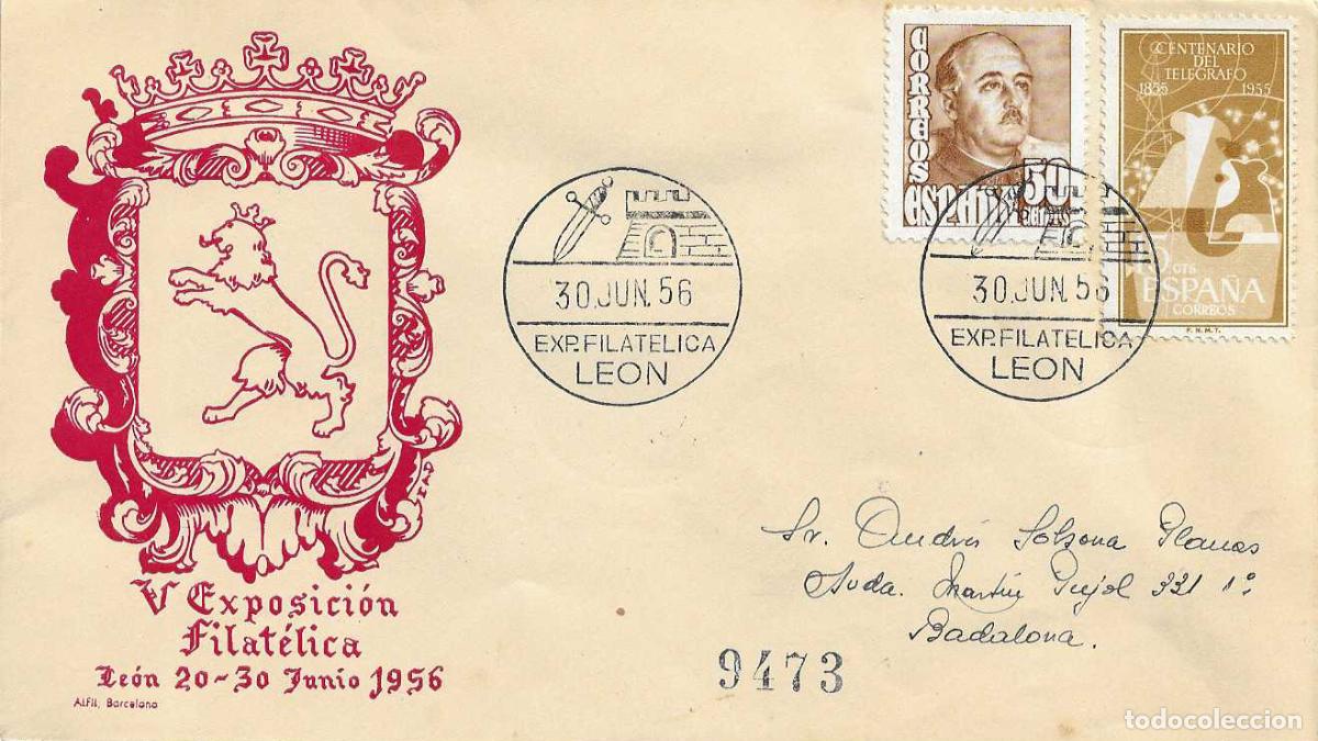 Sellos: GUZMAN EL BUENO V EXPOSICION FILATELICA LEON 30 JUNIO 1956 RARO MATASELLOS SOBRE CIRCULADO ALFIL RWR
