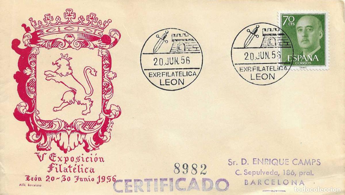 Sellos: GUZMAN EL BUENO V EXPOSICION FILATELICA, LEON 20 JUNIO 1956 RARO MATASELLOS EN SOBRE CIRCULADO ALFIL