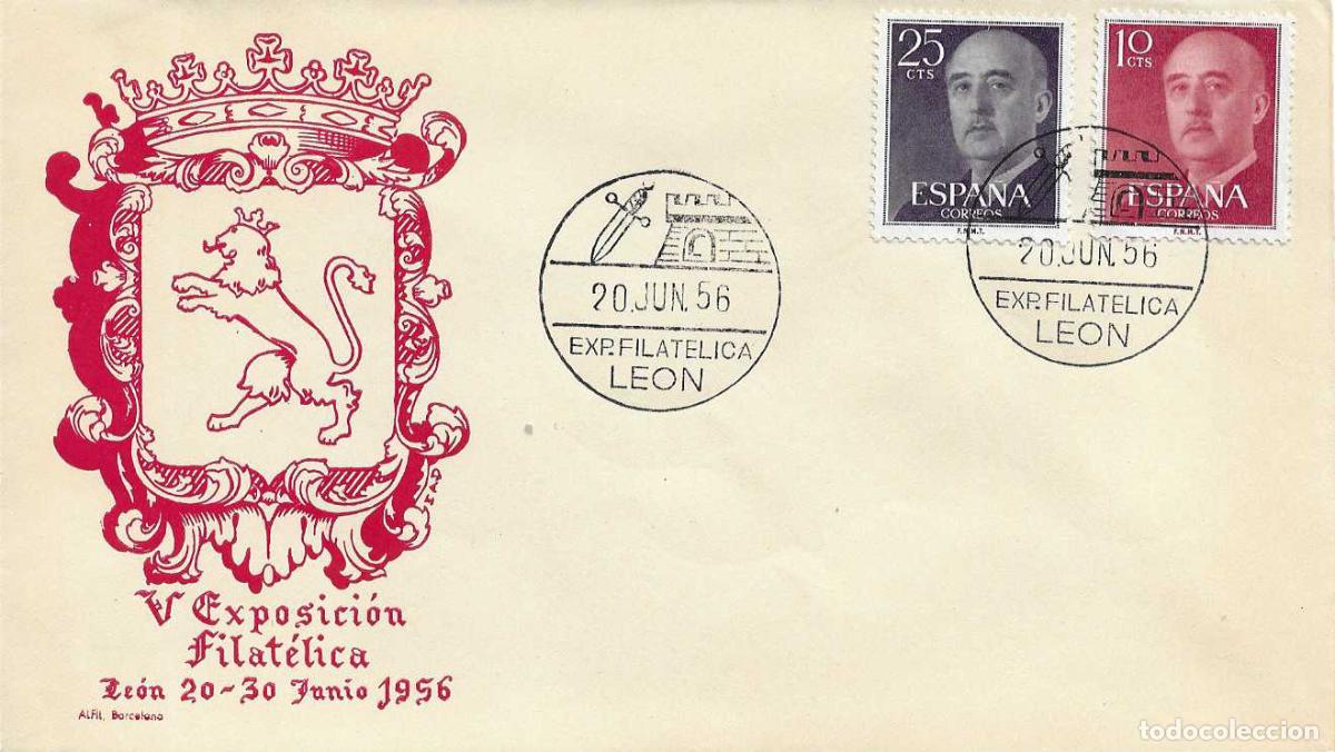 Sellos: GUZMAN EL BUENO V EXPOSICION FILATELICA, LEON 20 JUNIO 1956 RARO MATASELLOS SOBRE SIN CIRCULAR ALFIL