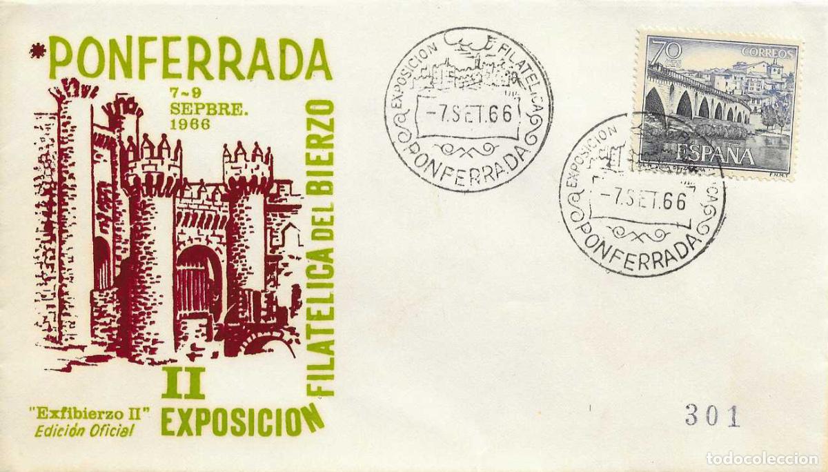 Sellos: EL BIERZO II EXPOSICION, PONFERRADA (LEON) 7 SEPTIEMBRE 1966. MATASELLOS SOBRE CIRCULADO EO MUY RARO