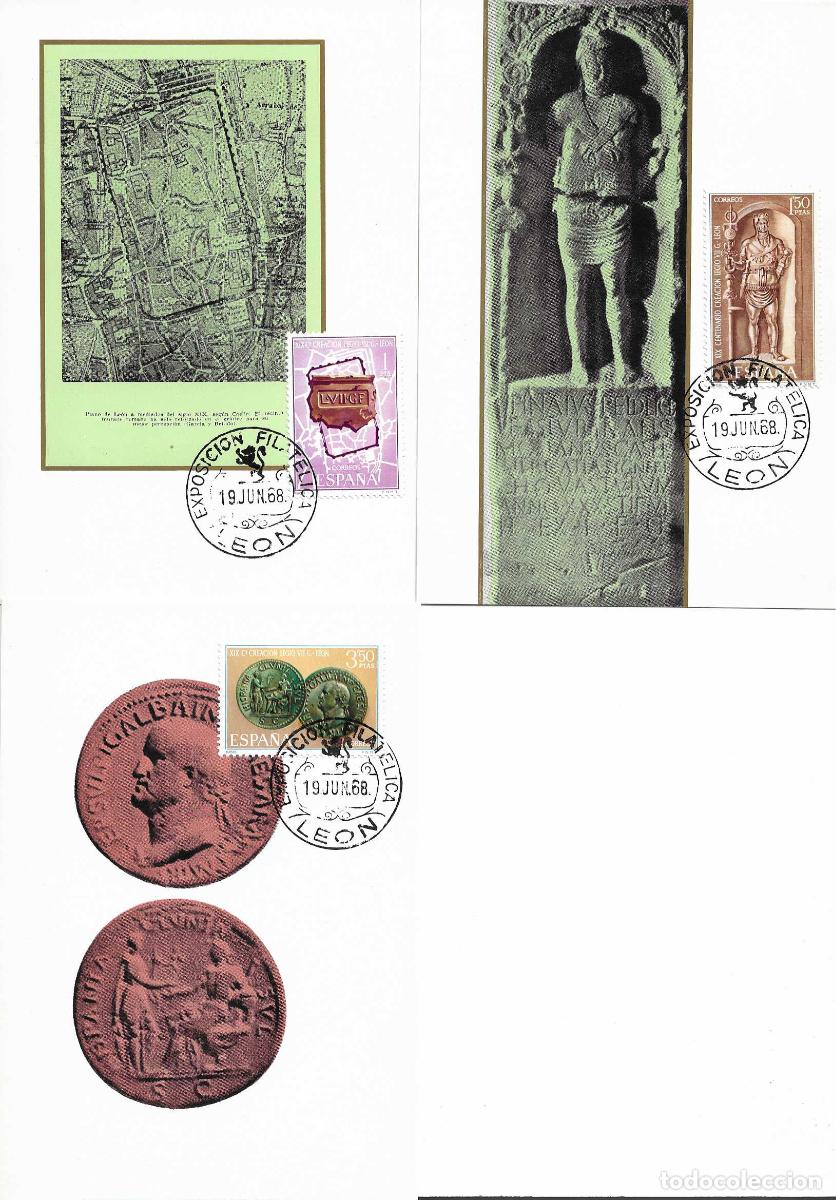 Sellos: EXFILEGIO 68 EXPOSICION FILATELICA, LEON 1968. RARO MATASELLOS EN TRES TARJETAS ILUSTRADAS VER DORSO