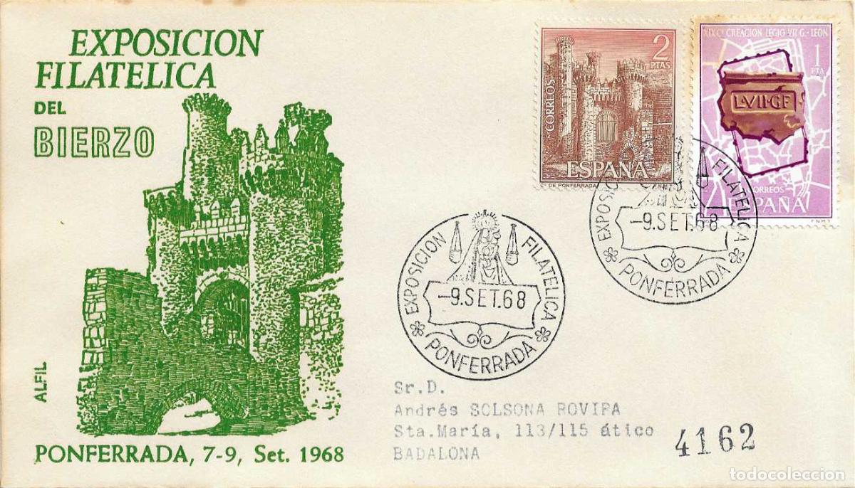 Sellos: VIRGEN DE LA ENCINA BIERZO EXPOSICION, PONFERRADA (LEON) 1968. RARO MATASELLOS EN SOBRE ALFIL VERDE