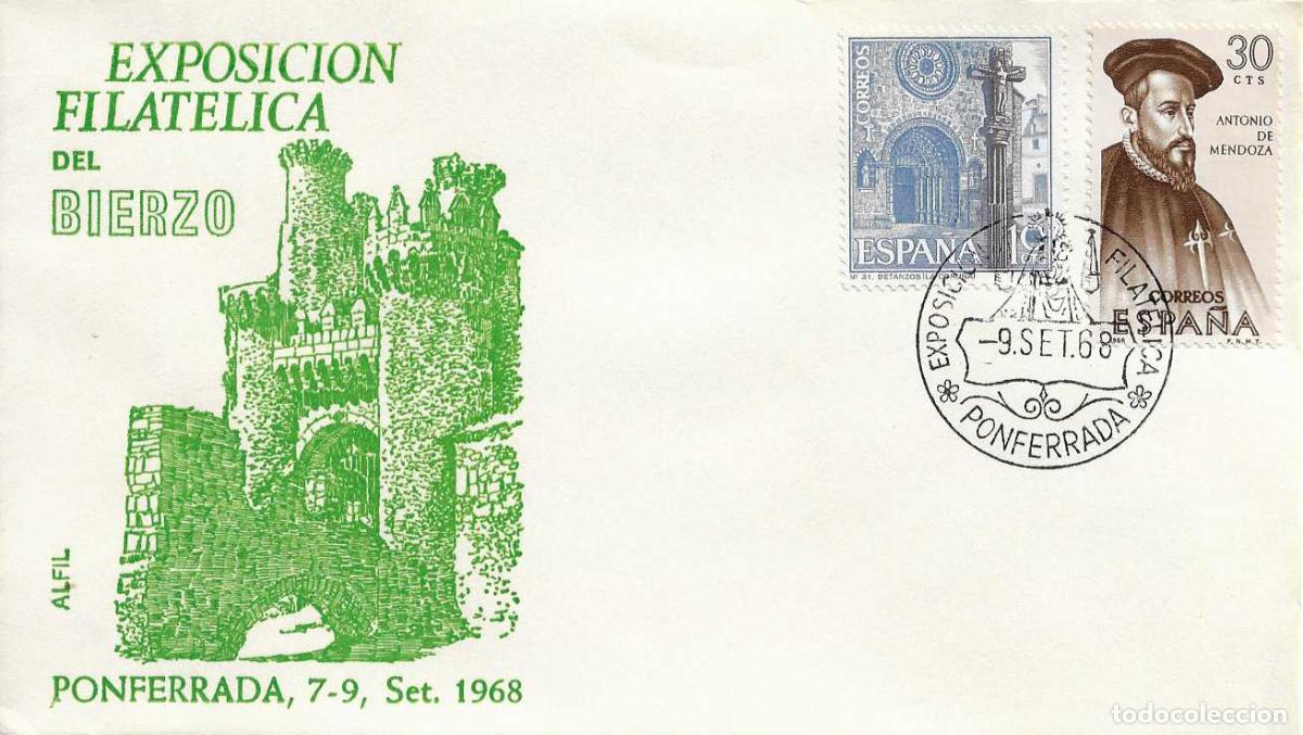 Sellos: VIRGEN DE LA ENCINA BIERZO EXPOSICION, PONFERRADA (LEON) 1968. RARO MATASELLOS EN SOBRE ALFIL VERDE