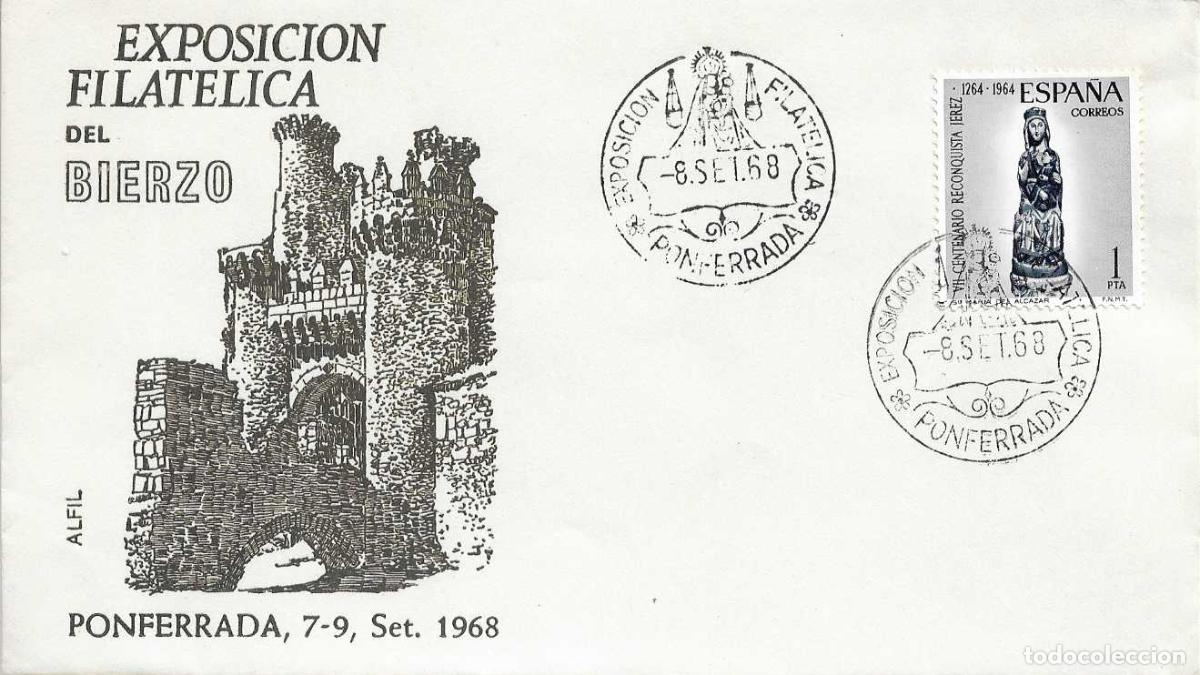 Sellos: VIRGEN DE LA ENCINA BIERZO EXPOSICION, PONFERRADA (LEON) 1968. RARO MATASELLOS EN SOBRE ALFIL GRIS