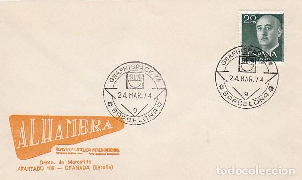 Sellos: A&Ntilde;O 1974, BARCELONA, GRAPHISPACK, SALON DE LAS ARTES GRAFICAS, SOBRE DEL CLUB ALHAMBRA