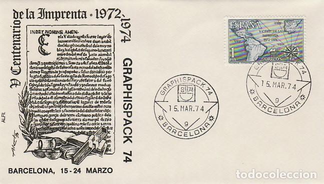 Sellos: A&Ntilde;O 1974, BARCELONA, GRAPHISPACK, SALON ARTES GRAFICAS SOBRE DE ALFIL PRIMER DIA CENTENARIO IMPRENTA