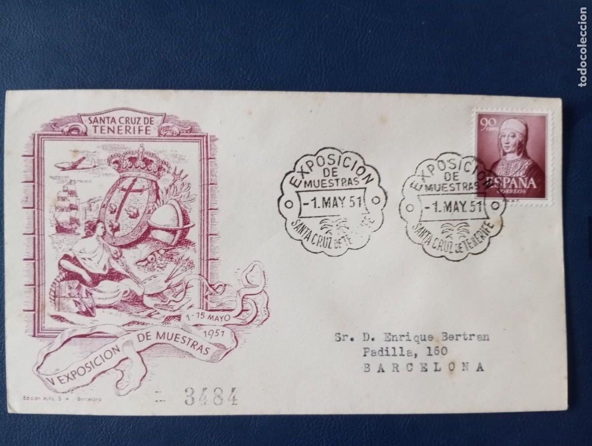 Sellos: ESPA&Ntilde;A 1951 V EXPOSICI&Oacute;N DE MUESTRAS STA CRUZ DE TENERIFE