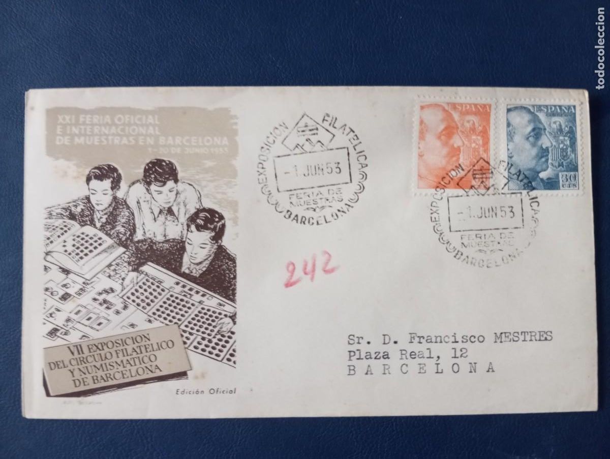 Sellos: ESPA&Ntilde;A 1953, VII EXPOSICI&Oacute;N DEL CIRCULO FILATELICO DE BARCELONA