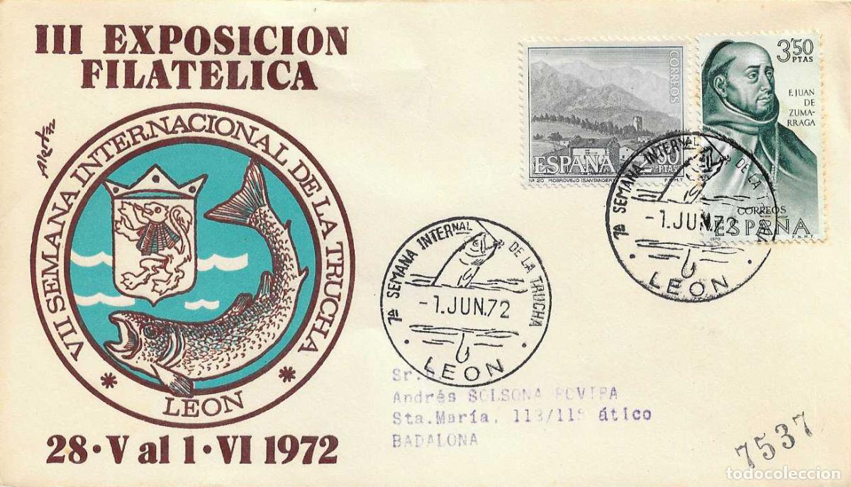 Sellos: PESCA TRUCHA VII SEMANA INTERNACIONAL, LEON 1 JUNIO 1972. RARO MATASELLOS EN SOBRE CIRCULADO ALFIL