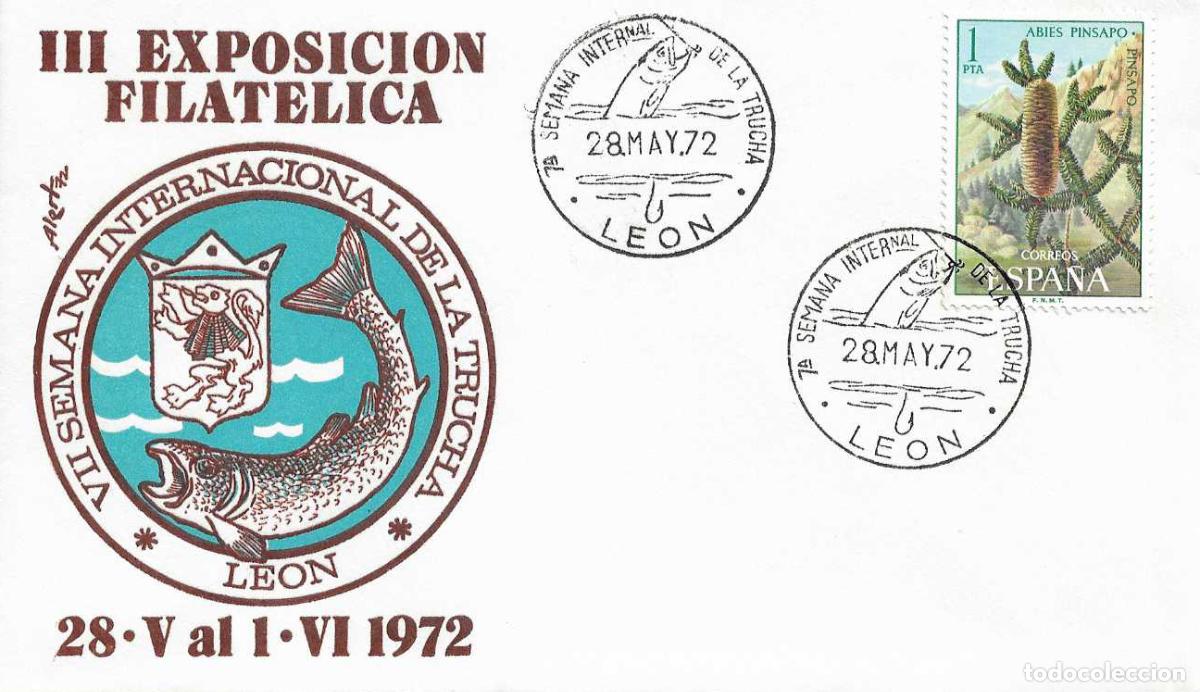 Sellos: PESCA TRUCHA VII SEMANA INTERNACIONAL, LEON 28 MAYO 1972 RARO MATASELLOS EN SOBRE SIN CIRCULAR ALFIL