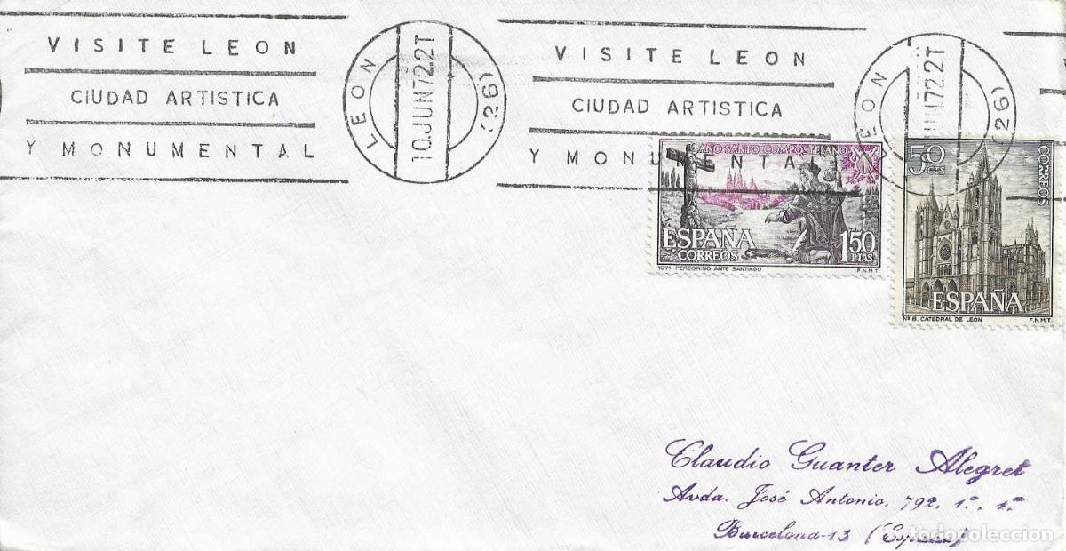 Sellos: VISITE LEON CIUDAD ARTISTICA Y MONUMENTAL, LEON 1972. RARO MATASELLOS DE RODILLO EN SOBRE RWR