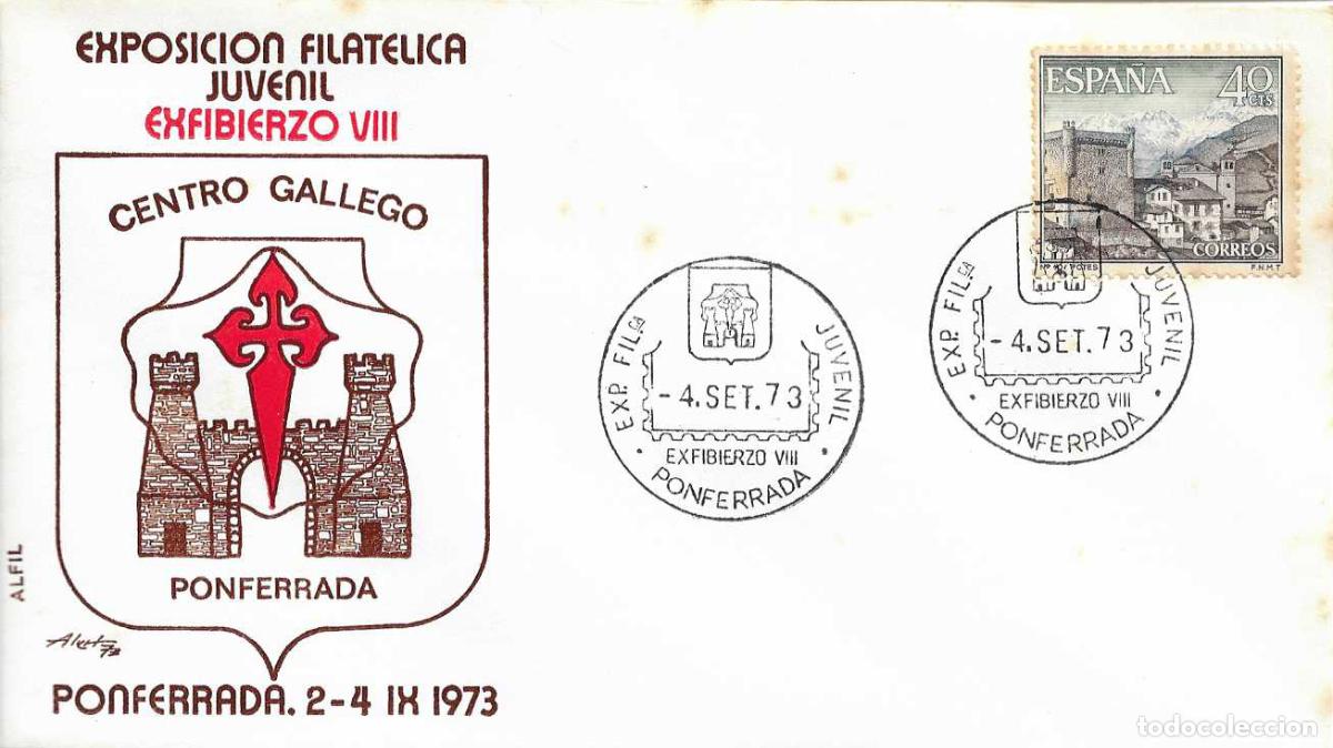 Sellos: EXFIBIERZO VIII EXPOSICION JUVENIL, PONFERRADA (LEON) 4 SEPTIEMBRE 1973 MATASELLOS SOBRE ALFIL RWR