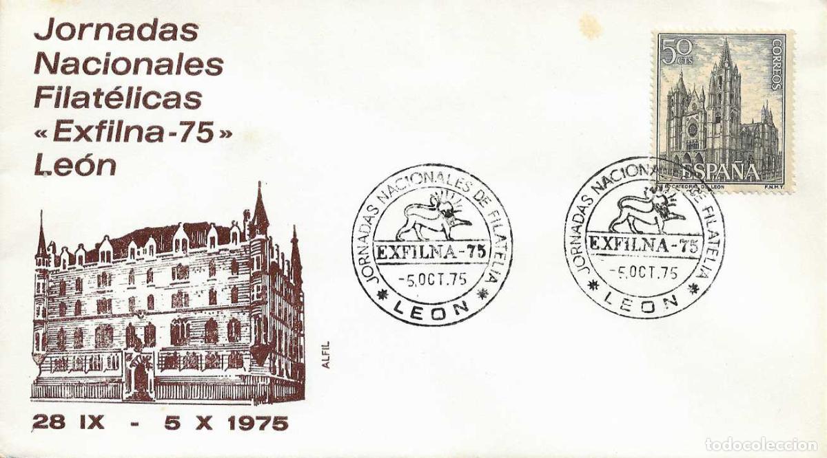 Sellos: GAUDI EXFILNA-75 JORNADAS NACIONALES DE FILATELIA, LEON 5 OCTUBRE 1975. MATASELLOS SOBRE ALFIL RARO
