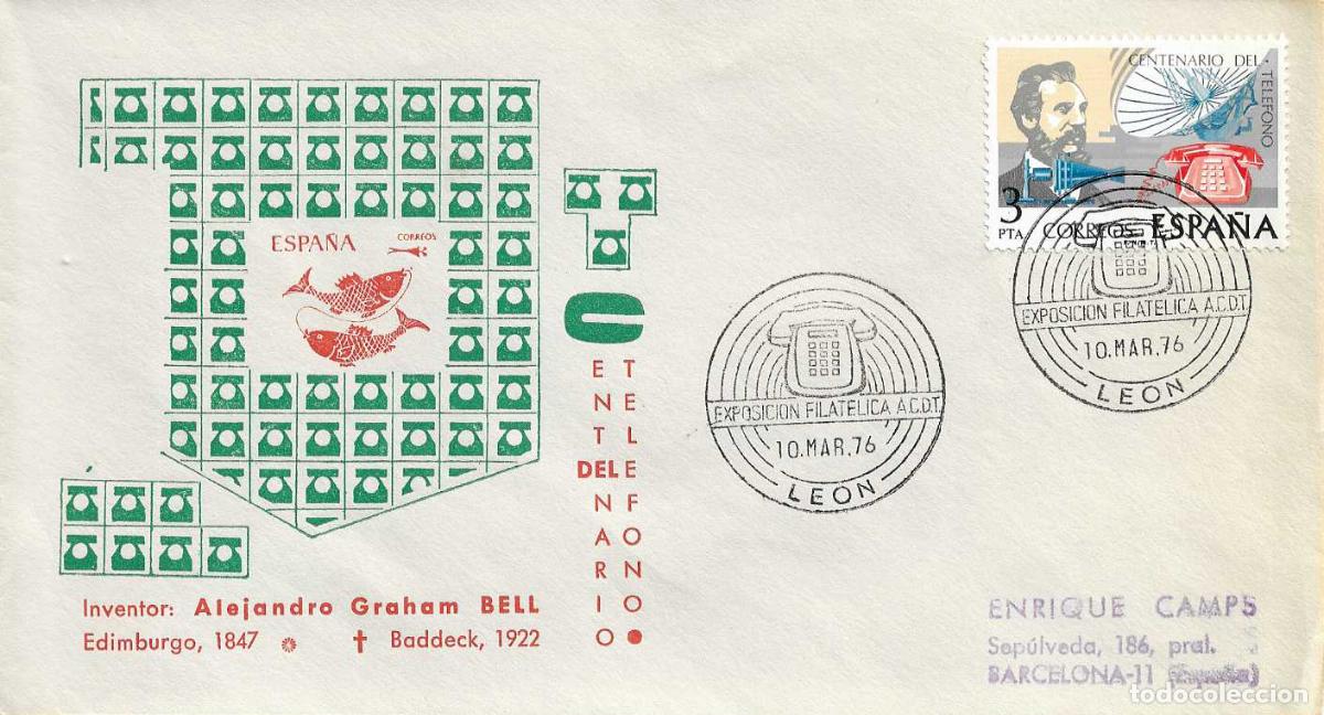 Sellos: GRAHAM BELL CENTENARIO DEL TELEFONO 1976 (EDIFIL 2311) EN RARO SPD MATASELLOS ACDT TELEFONICA LEON