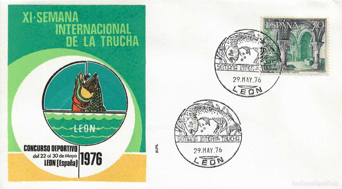 Sellos: PESCA PECES TRUCHA XI SEMANA INTERNACIONAL, LEON 29 MAYO 1976. MATASELLOS EN SOBRE DE ALFIL RARO RWR