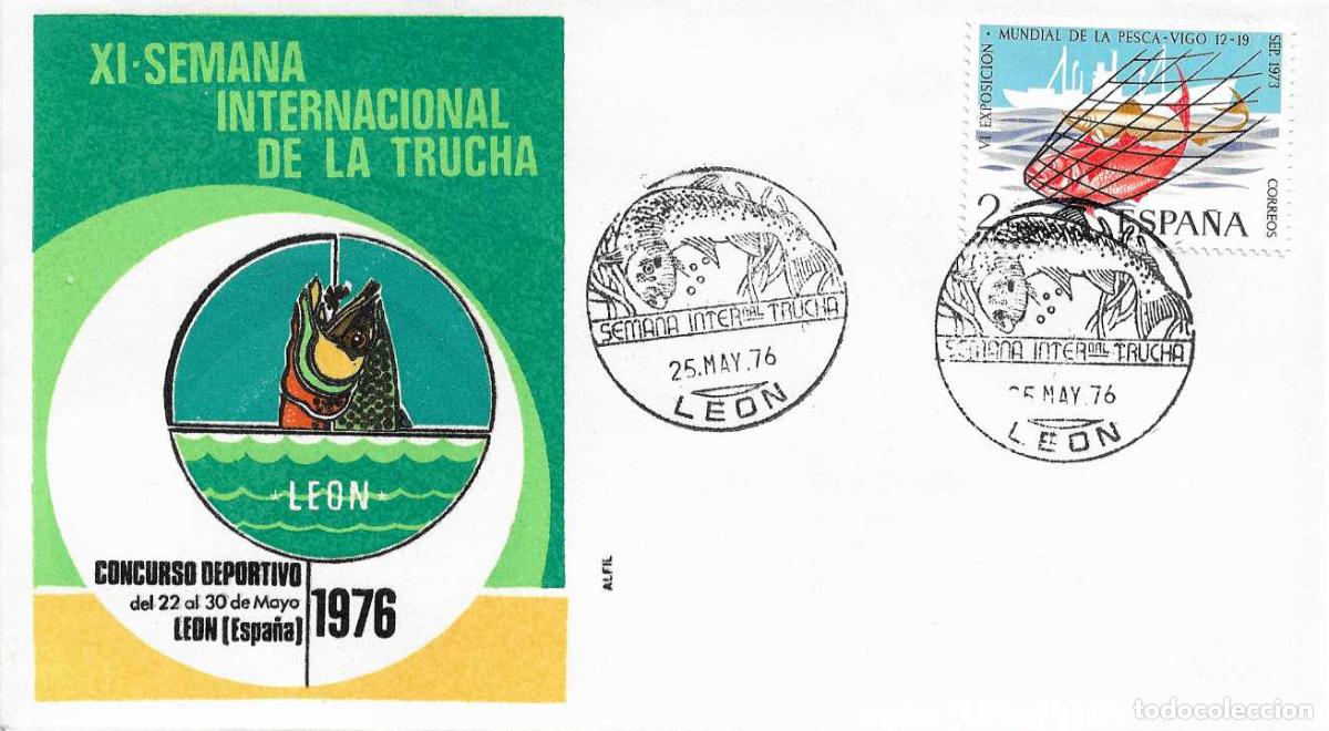 Sellos: PESCA PECES TRUCHA XI SEMANA INTERNACIONAL, LEON 25 MAYO 1976. MATASELLOS EN SOBRE DE ALFIL RARO ASI