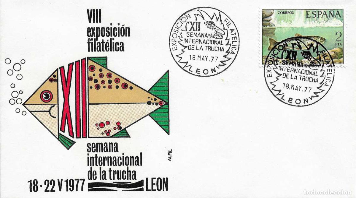 Sellos: PESCA PECES TRUCHA XII SEMANA INTERNACIONAL, LEON 18 MAYO 1977. RARO MATASELLOS EN SOBRE DE ALFIL