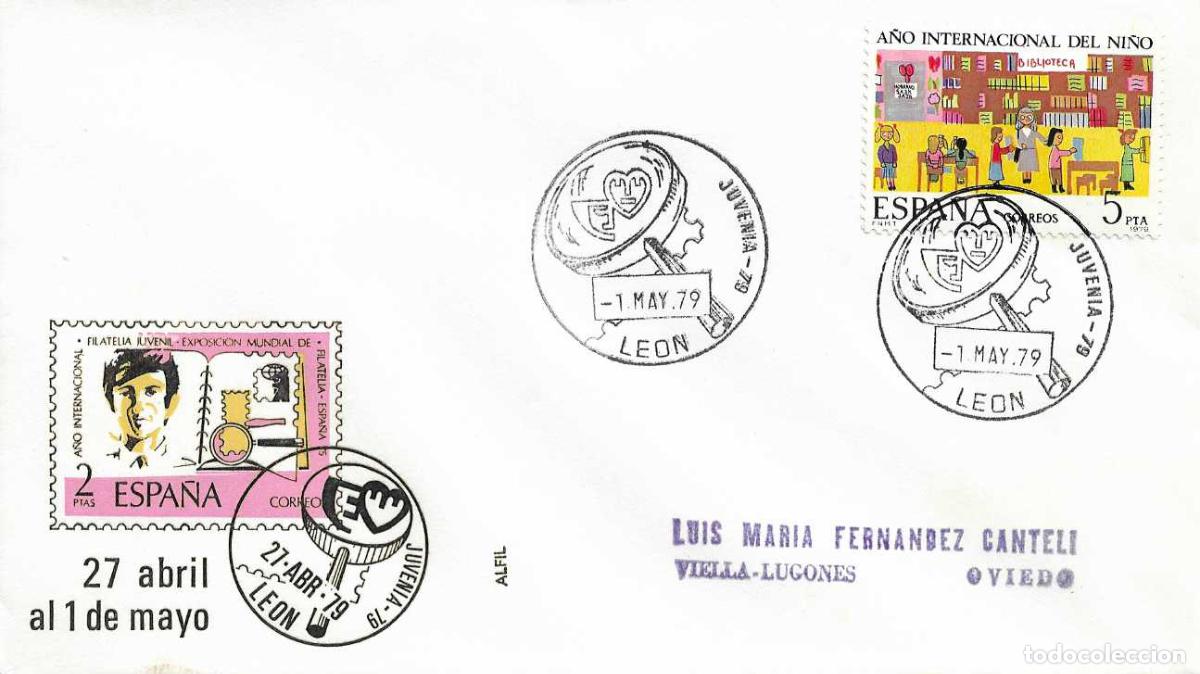 Sellos: JUVENIA VI EXPOSICION FILATELICA NACIONAL JUVENIL, LEON 1 MAYO 1979. MATASELLOS SOBRE ALFIL MODELO 2