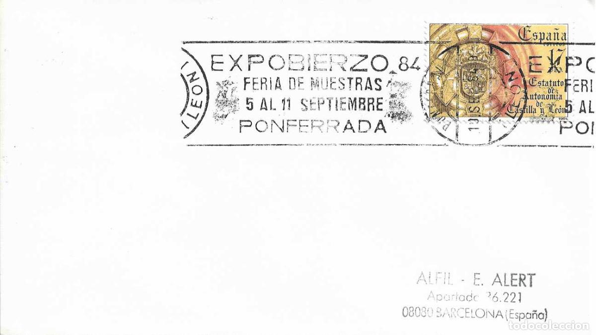 Sellos: EXPOBIERZO FERIA DE MUESTRAS, PONFERRADA (LEON) 1984. RARO MATASELLOS DE RODILLO EN SOBRE RWR