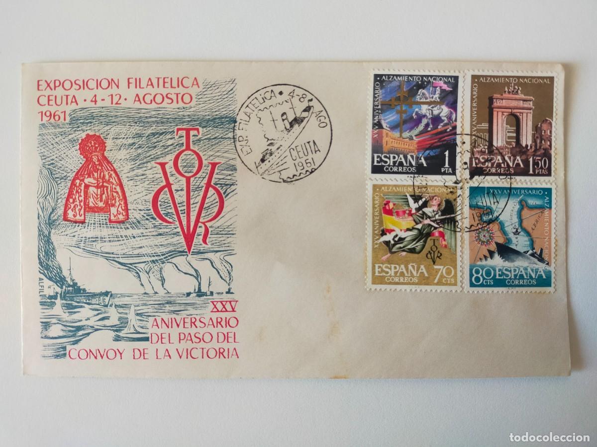 Sellos: Sobre Exposici&oacute;n Filat&eacute;lica Ceuta 1961 - XXV Aniv del paso del Convoy de la Victoria (Raro reverso)