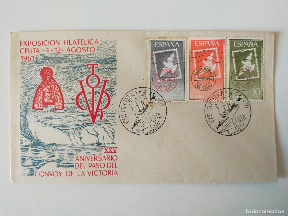Sellos: Sobre Exposici&oacute;n Filat&eacute;lica Ceuta 1961 - XXV Aniv del paso del Convoy de la Victoria (Raro reverso)