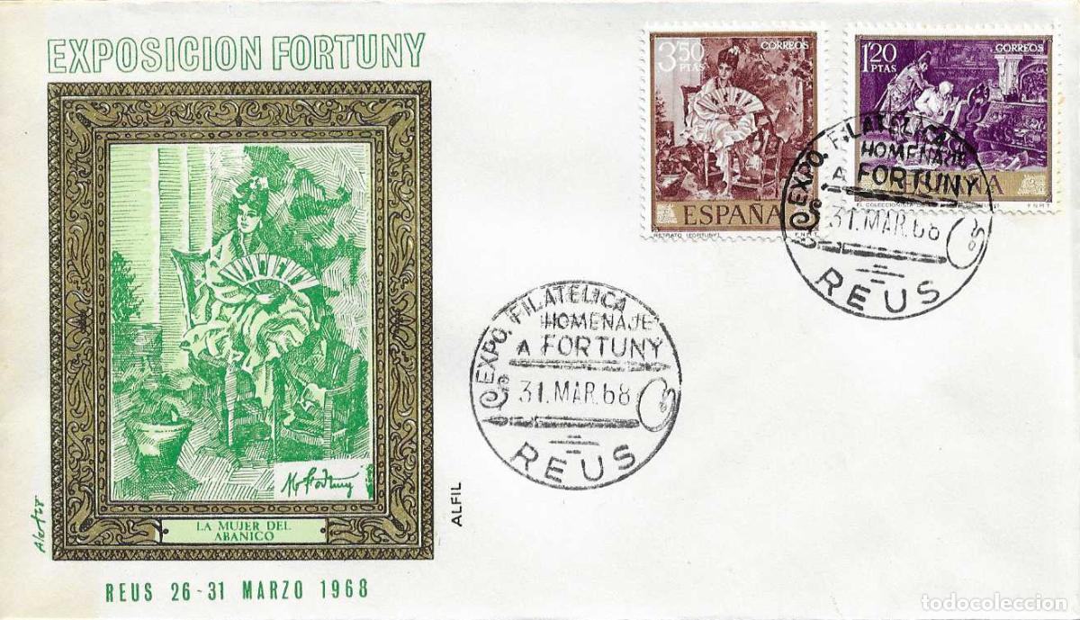 Sellos: PINTURA LA MUJER DEL ABANICO EXPO HOMENAJE A FORTUNY REUS (TARRAGONA) 1968 MATASELLO SOBRE ALFIL RWR