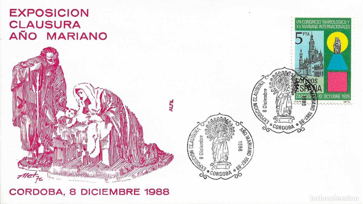 Sellos: CLAUSURA A&Ntilde;O MARIANO EXPOSICION, CORDOBA 1988. RARO MATASELLOS EN SOBRE DE ALFIL RELIGION