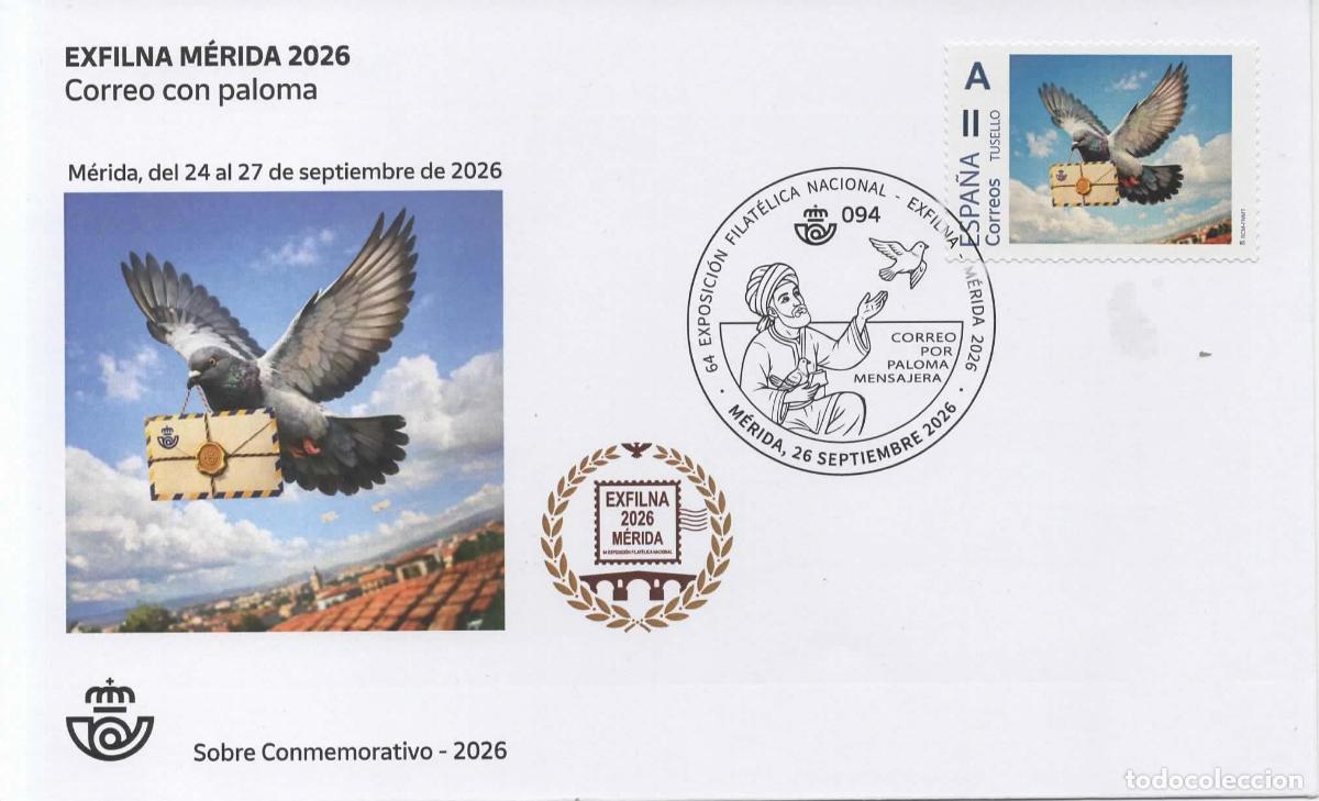 Sellos: MERIDA BADAJOZ MAT Y TUSELLO CORREO POR PALOMA MENSAJERA PIGEON MAIL