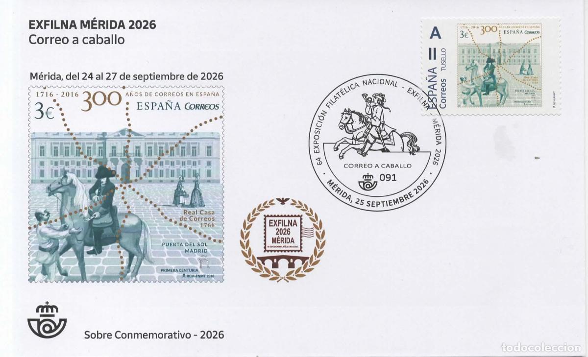 Sellos: MERIDA BADAJOZ MAT Y TUSELLO CORREO A CABALLO HORSE MAIL CARTERO