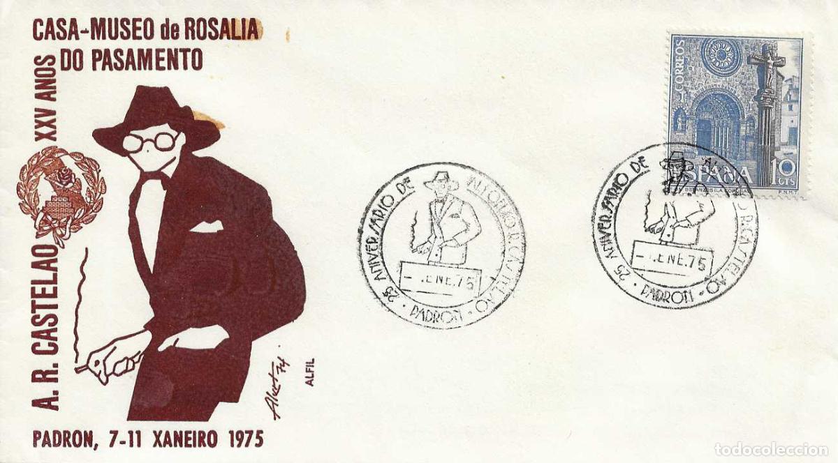 Sellos: ALFONSO R CASTELAO 25 ANIVERSARIO, PADRON (LA CORU&Ntilde;A) 1975. RARO MATASELLOS EN SOBRE DE ALFIL