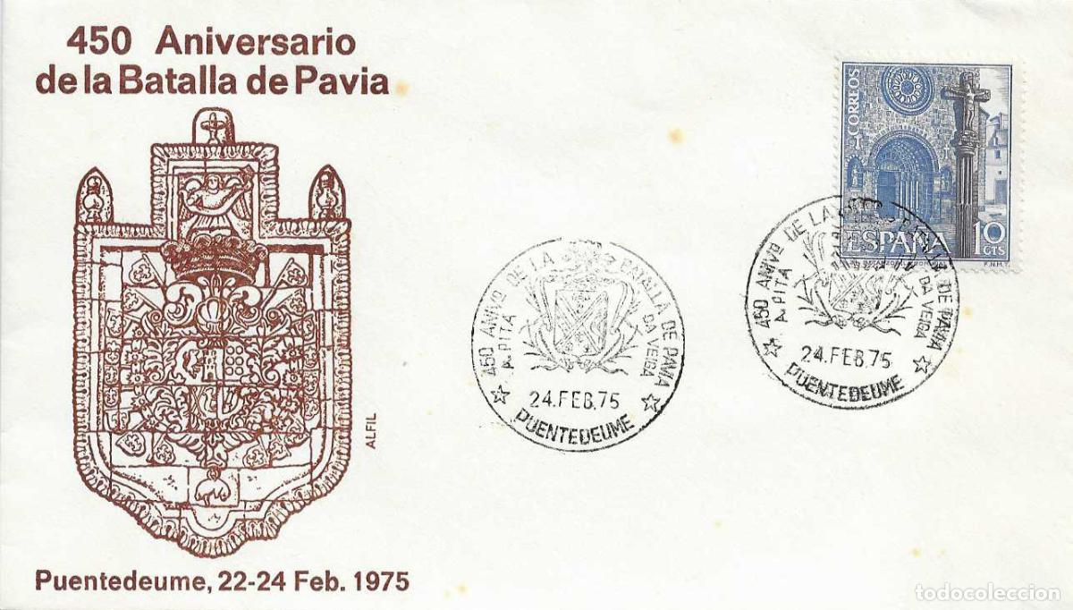 Sellos: BATALLA DE PAVIA 450 ANIVERSARIO, PUENTEDEUME (LA CORU&Ntilde;A) 1975. RARO MATASELLOS EN SOBRE DE ALFIL