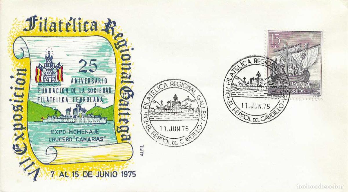 Sellos: BARCOS CRUCERO CANARIAS EXPOSICION HOMENAJE, EL FERROL (CORU&Ntilde;A) 11 JUNIO 1975 MATASELLOS SOBRE ALFIL
