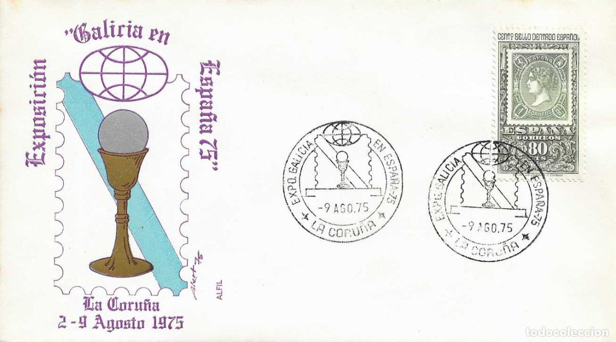 Sellos: GALICIA EN ESPA&Ntilde;A'75 EXPOSICION, LA CORU&Ntilde;A 9 AGOSTO 1975. RARO MATASELLOS EN SOBRE DE ALFIL