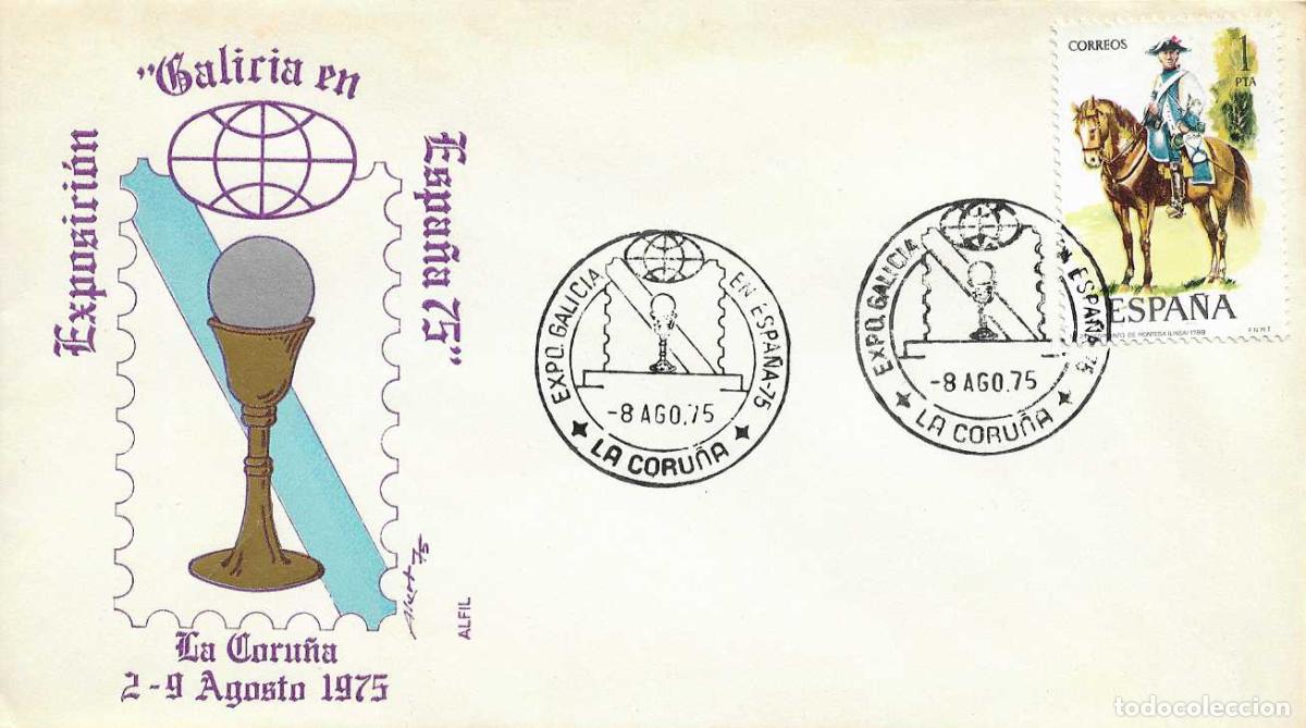Sellos: GALICIA EN ESPA&Ntilde;A'75 EXPOSICION, LA CORU&Ntilde;A 8 AGOSTO 1975. RARO MATASELLOS EN SOBRE DE ALFIL