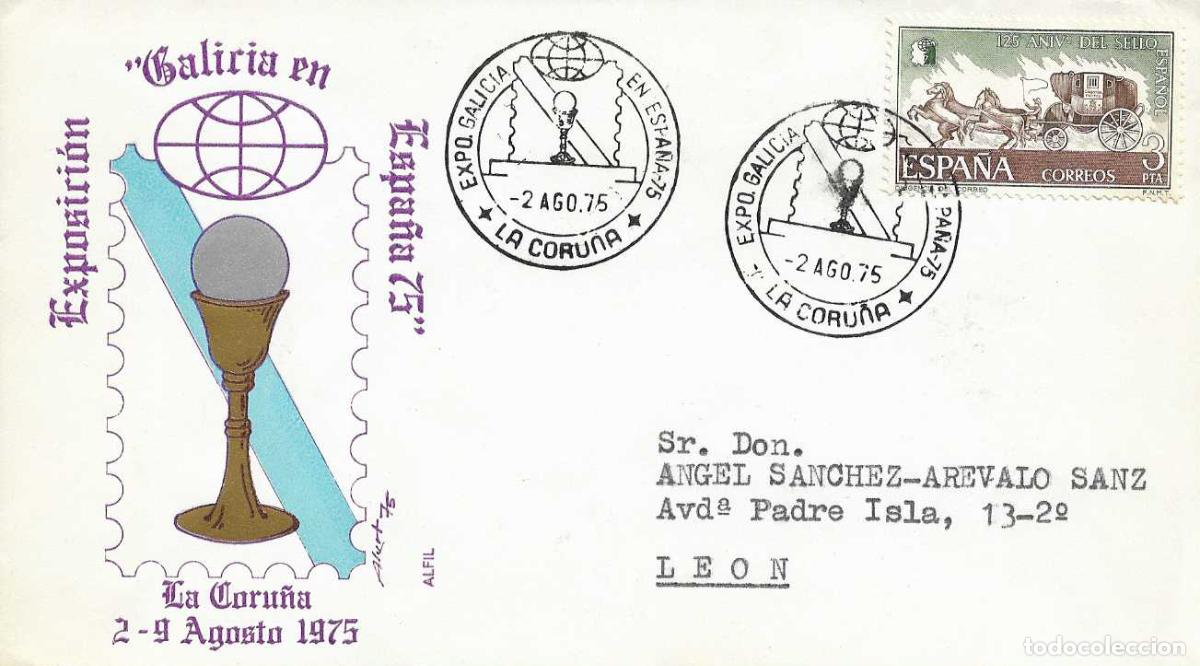 Sellos: GALICIA EN ESPA&Ntilde;A'75 EXPOSICION, LA CORU&Ntilde;A 2 AGOSTO 1975. RARO MATASELLOS EN SOBRE DE ALFIL