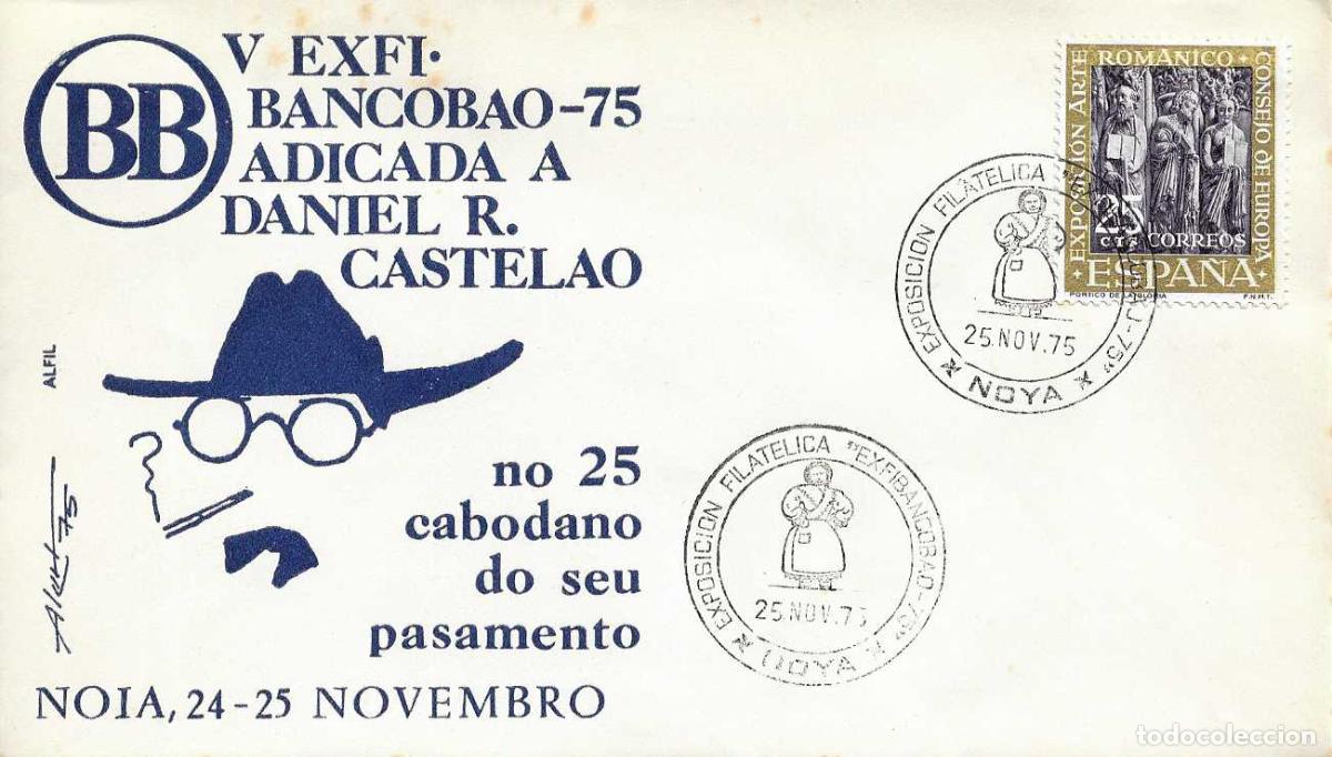 Sellos: CASTELAO EXPOSICION FILATELICA EXFIBANCOBAO 75, NOYA (CORU&Ntilde;A) 1975 RARO MATASELLOS EN SOBRE DE ALFIL