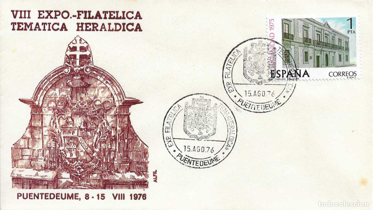 Sellos: TEMA HERALDICA EXPOSICION FILATELICA, PUENTEDEUME (LA CORU&Ntilde;A) 1976 RARO MATASELLOS EN SOBRE DE ALFIL