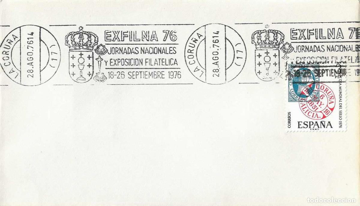 Sellos: EXFILNA 76 JORNADAS NACIONALES Y EXPOSICION FILATELICA, LA CORU&Ntilde;A 1976. MATASELLOS RODILLO EN SOBRE