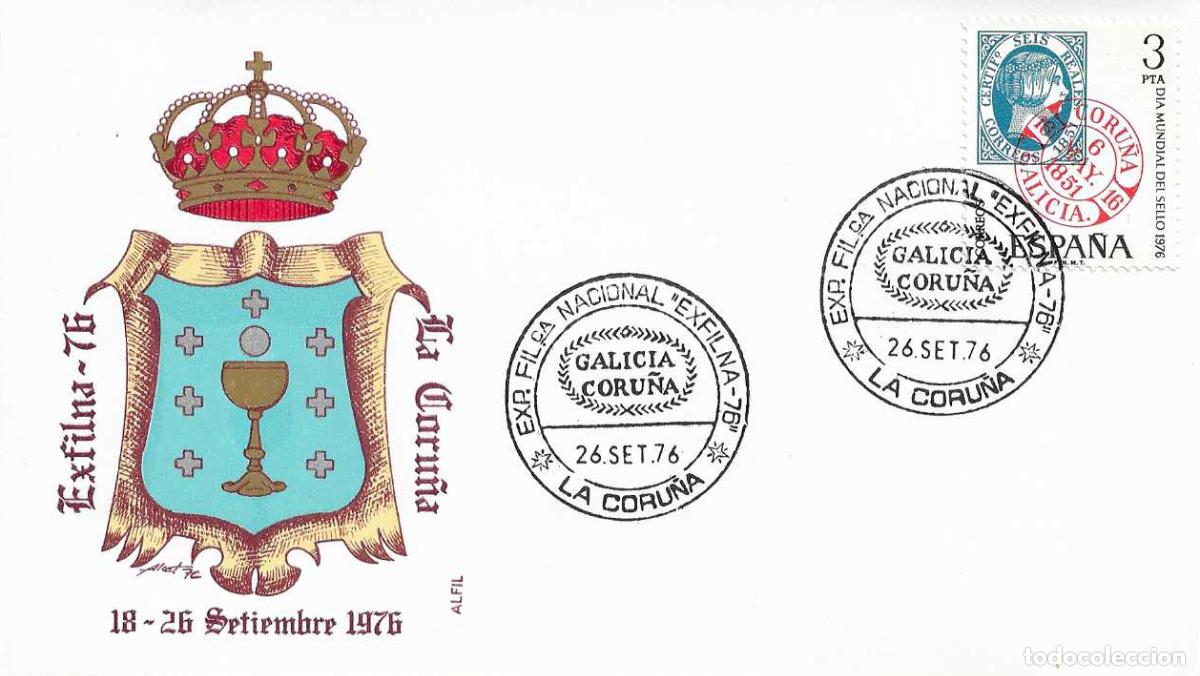 Sellos: GALICIA CORU&Ntilde;A EXFILNA'76 EXPOSICION FILATELICA NAL, LA CORU&Ntilde;A 26 SEPTIEMBRE 1976 MATASELLOS TARJETA