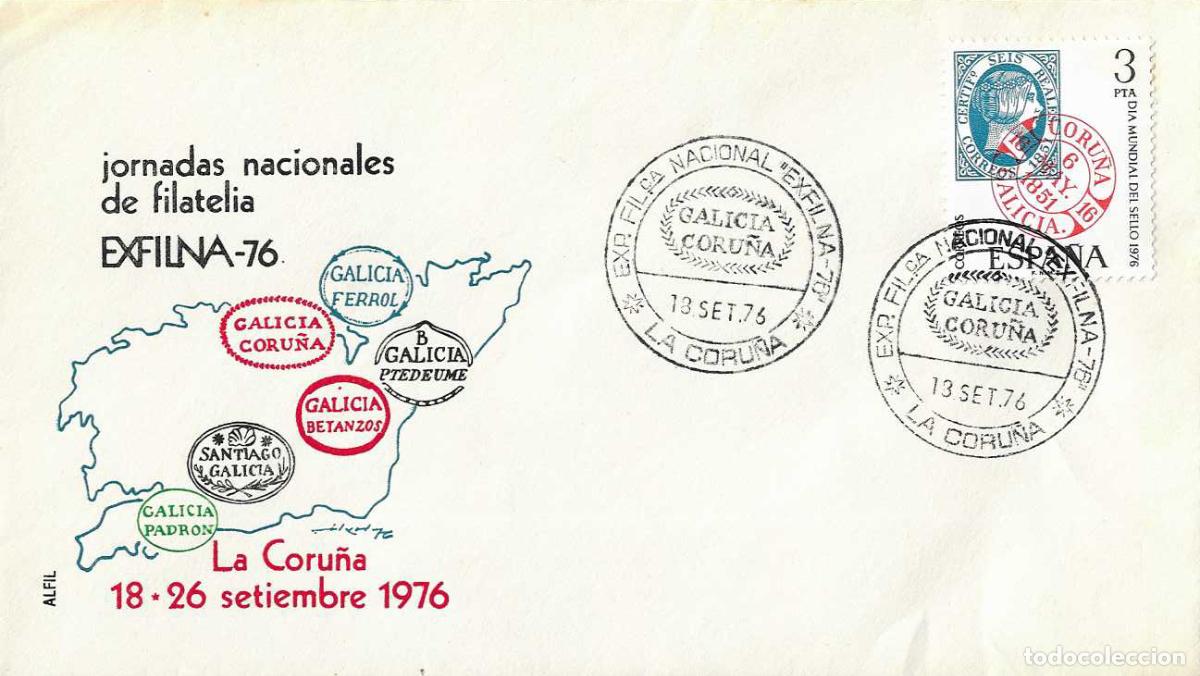 Sellos: GALICIA CORU&Ntilde;A EXFILNA'76 EXPOSICION FILATELICA NAL, LA CORU&Ntilde;A 18 SEPTIEMBRE 1976. MATASELLOS SOBRE