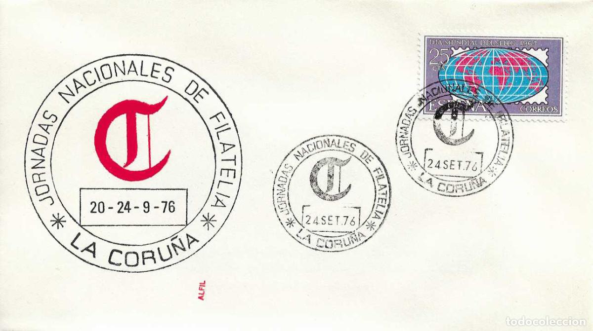Sellos: JORNADAS NACIONALES DE FILATELIA, LA CORU&Ntilde;A 24 SEPTIEMBRE 1976. MATASELLOS EN SOBRE DE ALFIL