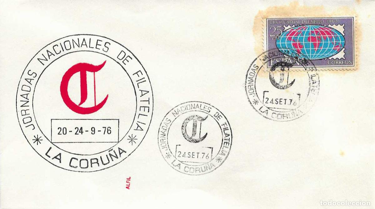 Sellos: JORNADAS NACIONALES DE FILATELIA, LA CORU&Ntilde;A 24 SEPTIEMBRE 1976. MATASELLOS EN SOBRE DE ALFIL RWR