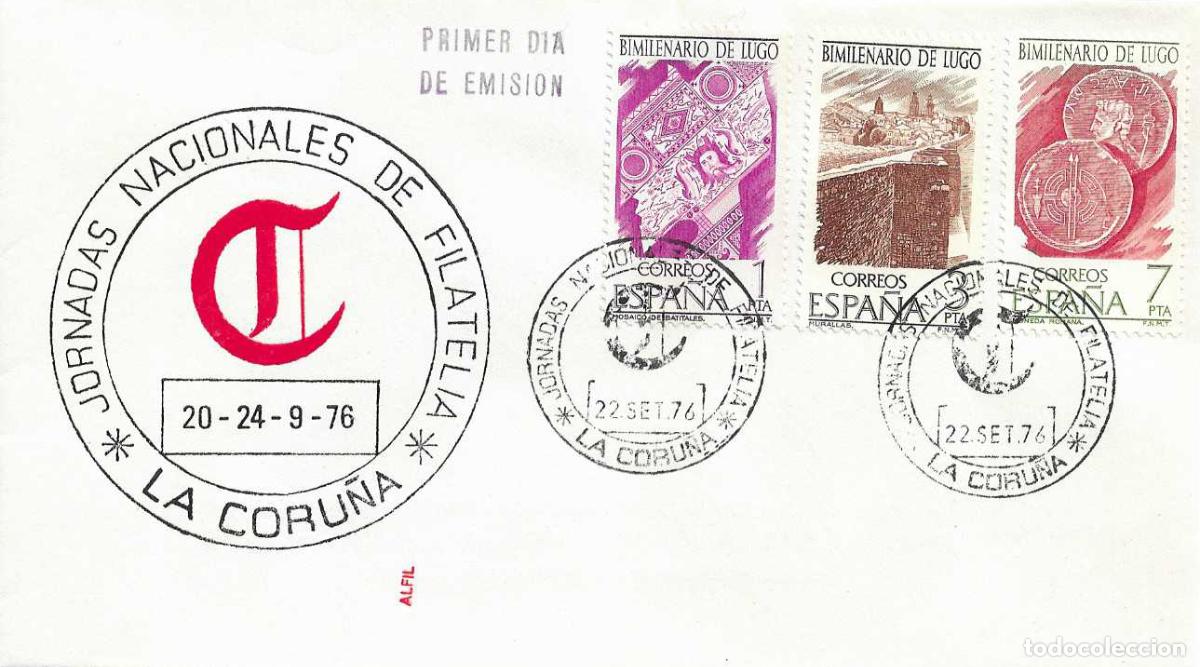 Sellos: RARO MARCA ARQUEOLOGIA BIMILENARIO DE LUGO 1976 (EDIFIL 2356/58) SPD ALFIL JORNADAS FILATELIA CORU&Ntilde;A