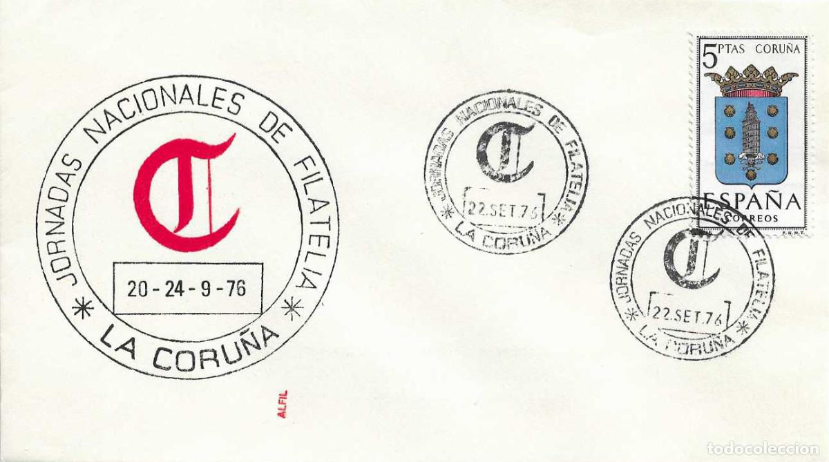Sellos: JORNADAS NACIONALES DE FILATELIA, LA CORU&Ntilde;A 22 SEPTIEMBRE 1976. MATASELLOS EN SOBRE DE ALFIL
