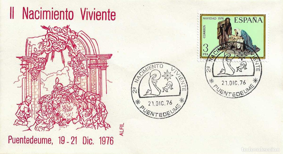 Sellos: II 2&ordm; NACIMIENTO VIVIENTE, PUENTEDEUME (LA CORU&Ntilde;A) 1976. RARO MATASELLOS EN SOBRE DE ALFIL NAVIDAD