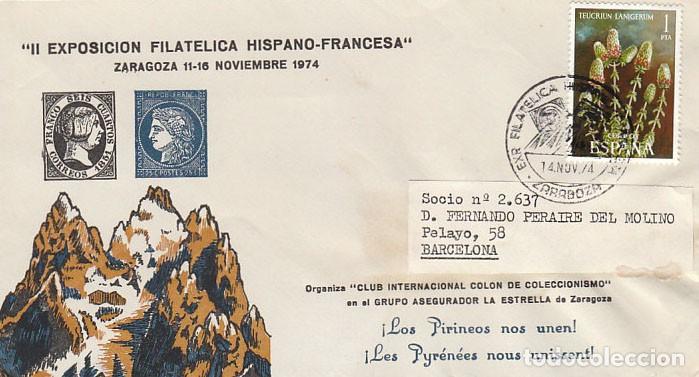 Sellos: A&Ntilde;O 1974, ZARAGOZA, exposicion filatelica hispano francesa, SOBRE DEL CLUB COLON