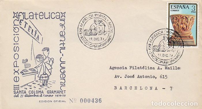 Sellos: A&ntilde;o 1974, SANTA COLOMA DE GRAMANET, EXPOSICION FILATELICA, SOBRE OFICIAL NUMERADO