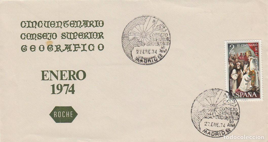 Sellos: A&Ntilde;O 1974, MADRID, 50 aniversario drl Consejo superior geogr&aacute;fico, SOBRE DE ROCHE